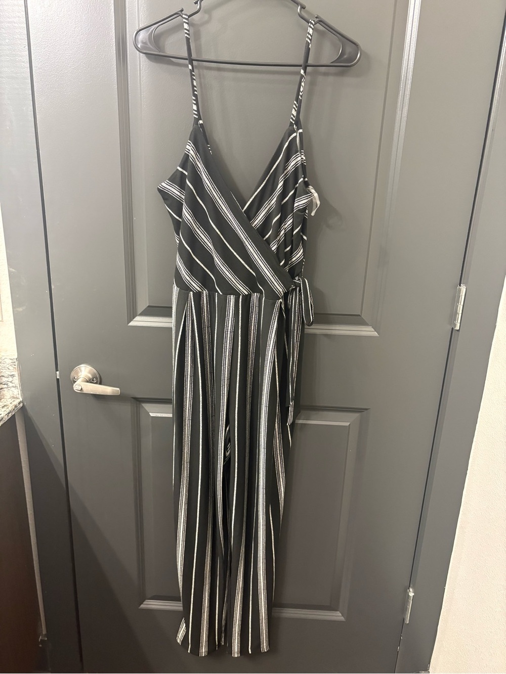 Derek Heart Black and White One-Shoulder Striped Jumpsuit